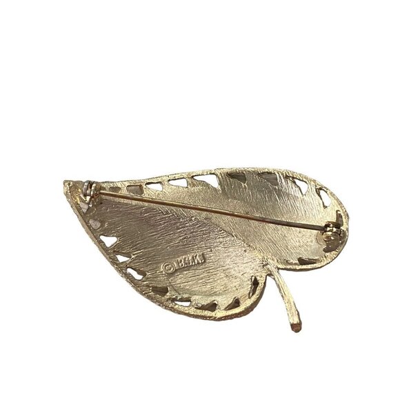 Signed BSK Goldtone Brooch Brushed Leaf Textured 2.1" Pin - Picture 11 of 16